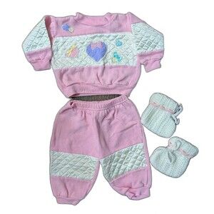 Vintage 80s Little Miracles 2 Piece Baby Girl Fleece Sweatshirt/Pants Outfit 6-9